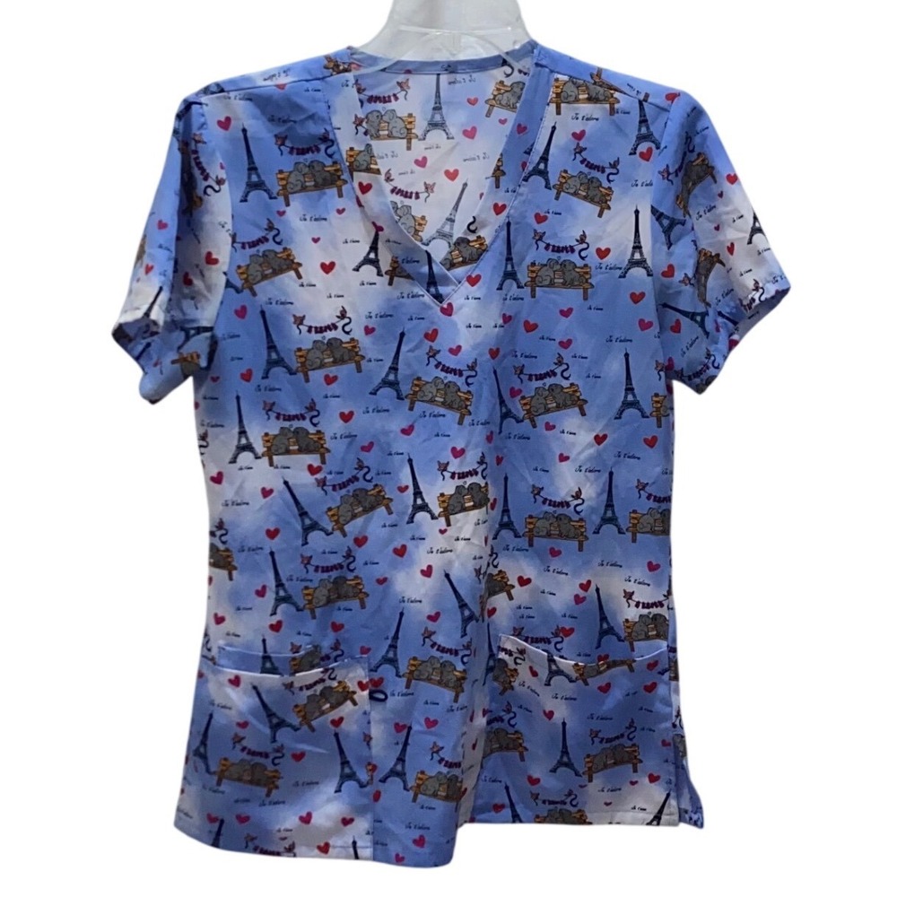Blue‎ Paris Eiffel Tower Dog Print V-Neck Scrub Top Women Small Je T'adore - Picture 6 of 7